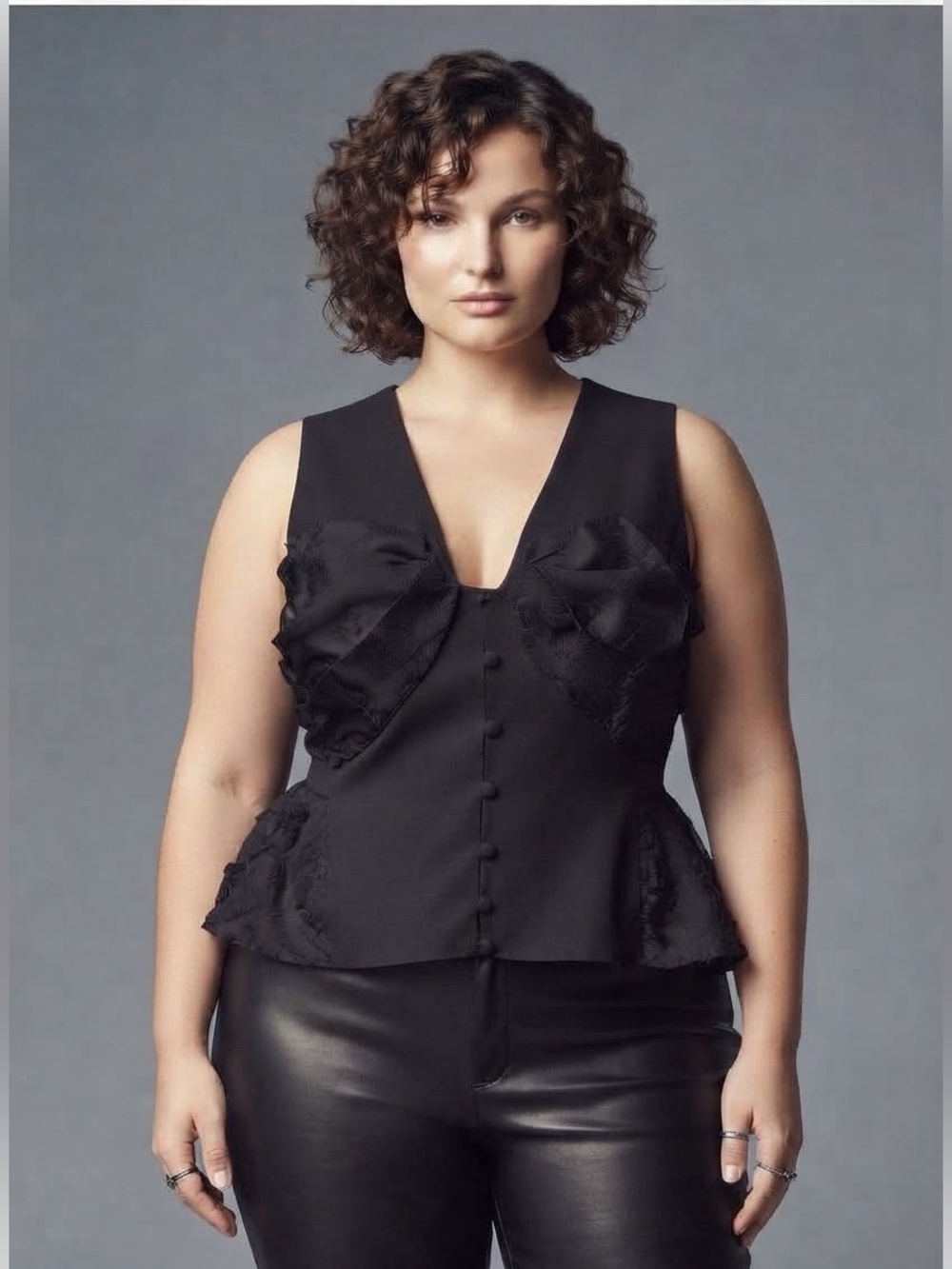 ASOS LUXE Black Sleeveless Button-Front V-Neck Top